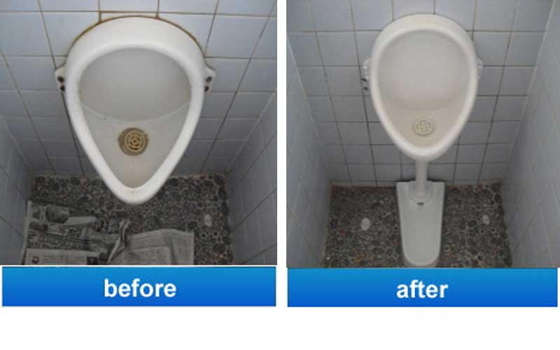小便器トイレのつまり、尿石除去作業と便器交換工事（福岡県春日市） トイレつまり 水漏れ修理は福岡のライフ水道サービス