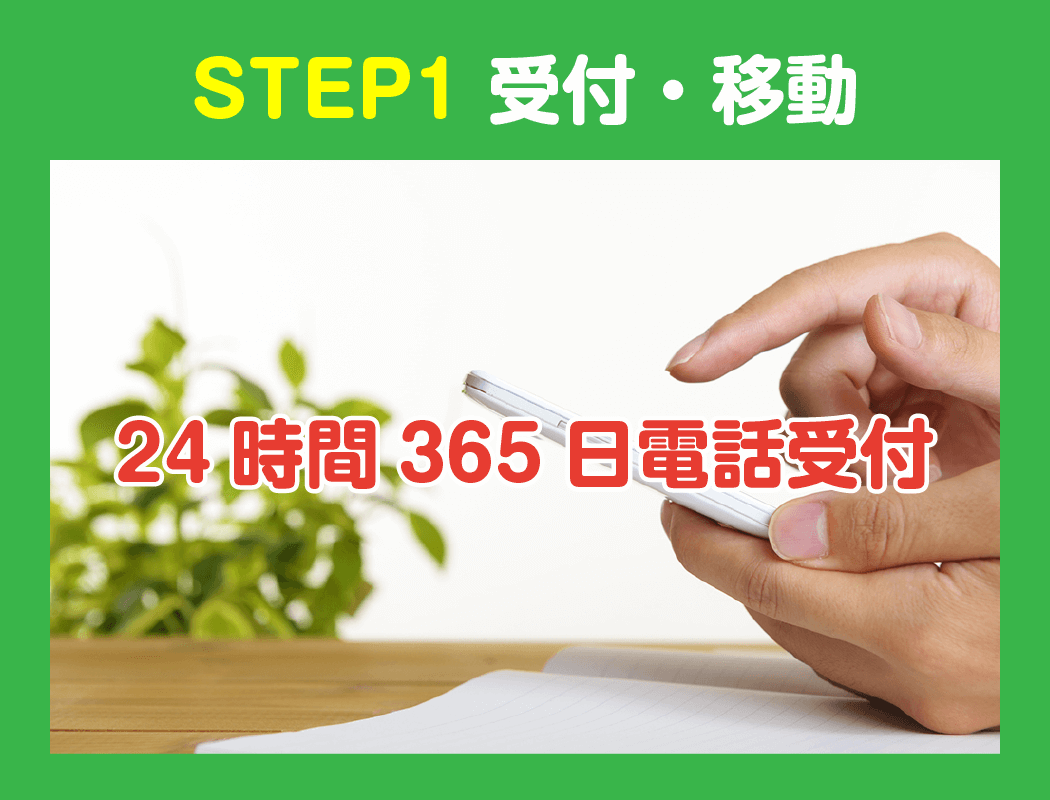 STEP1.　受付・移動（24時間365日電話受付）