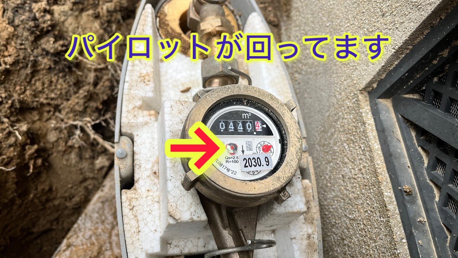 水道メーターのパイロットが回っている