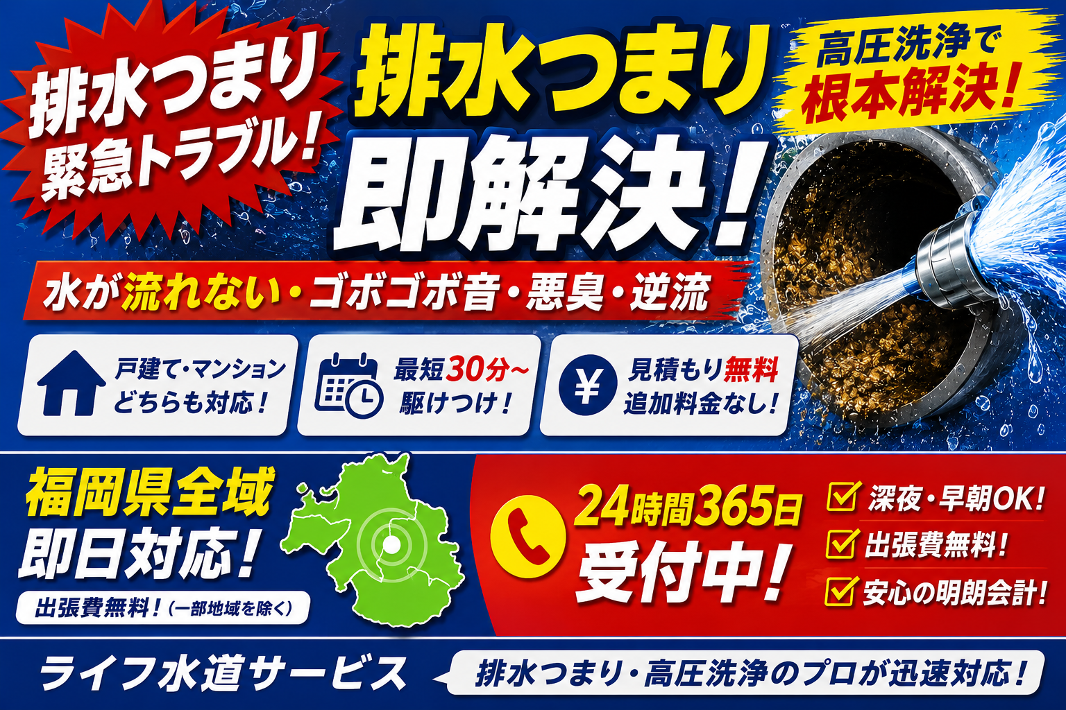 福岡県での台所排水管つまり即時解決!!
