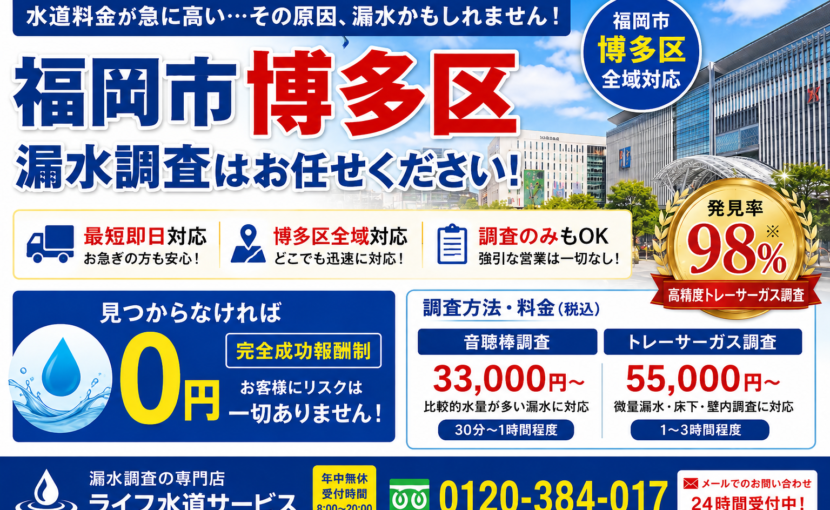 福岡市博多区での水道管からの水漏れ漏水調査会社です。